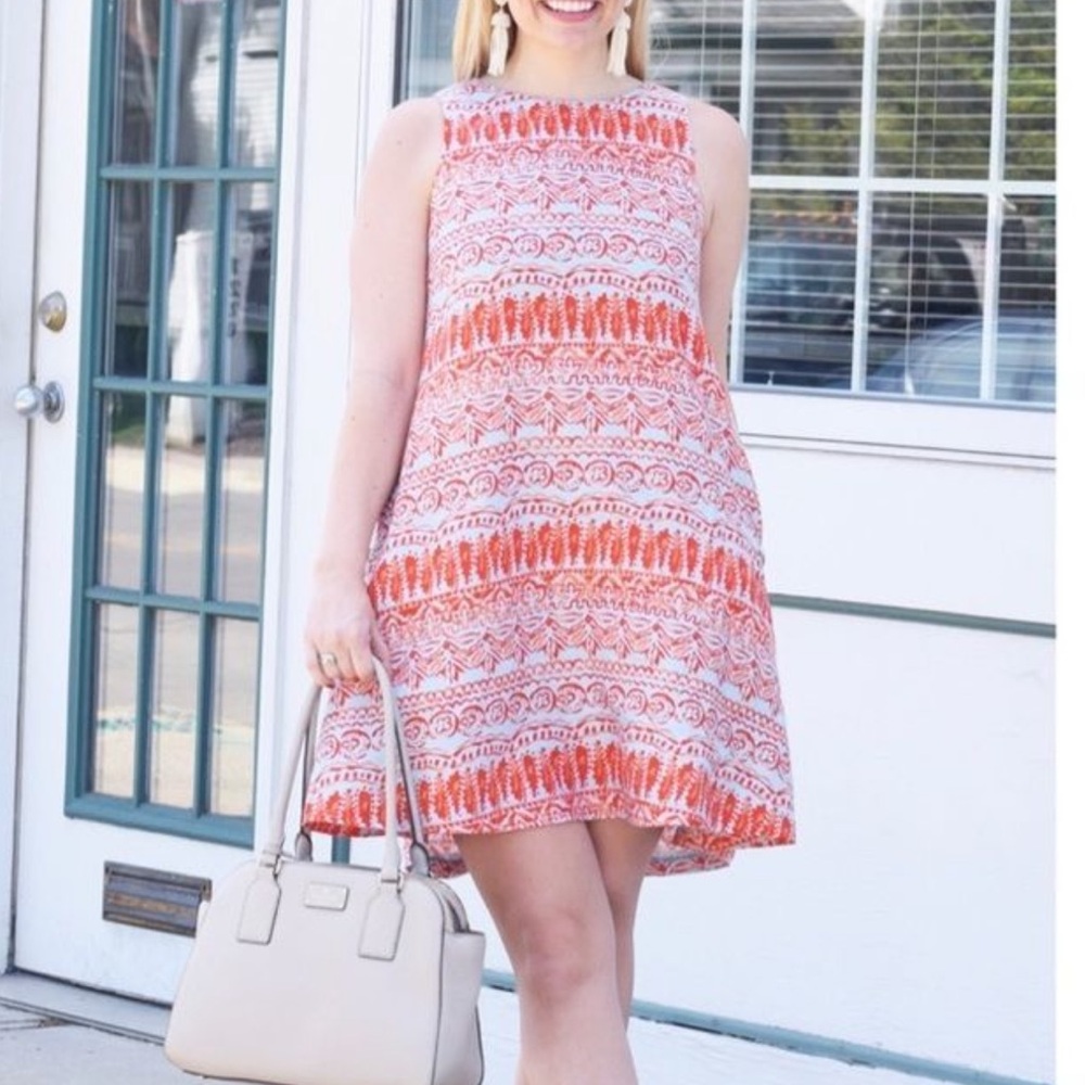 J. McLaughlin 100% Linen Swing Dress Orange Blue Geometric Print- Size Large